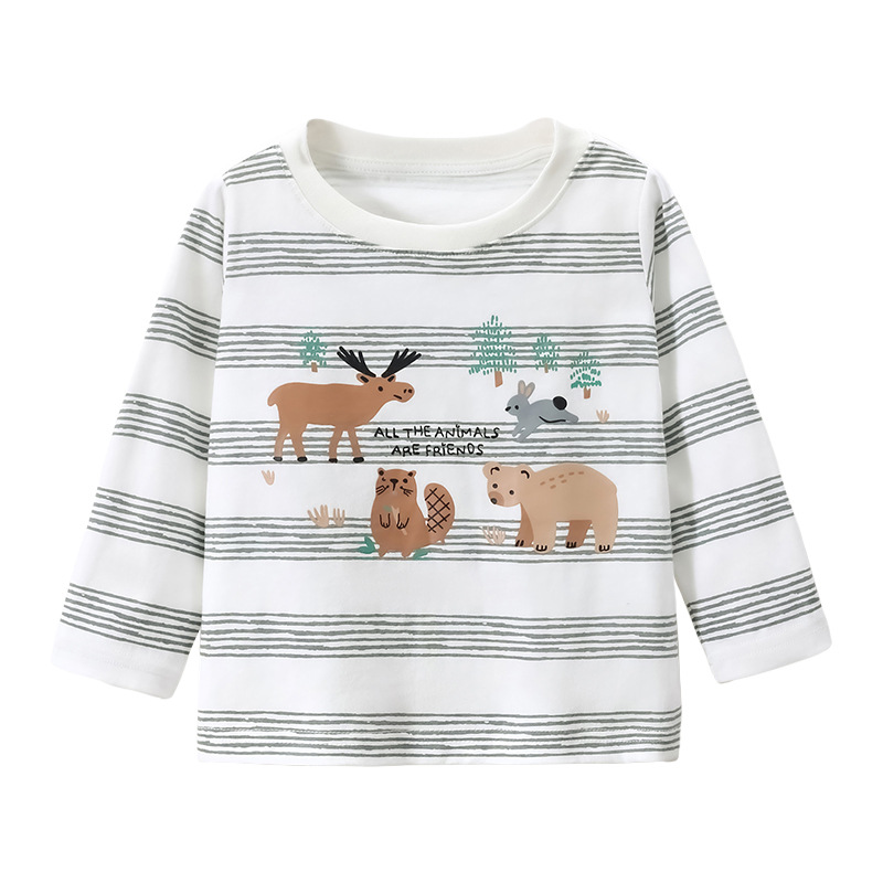 JOJOBEBE ropa infantil europea y americana otoño nueva camiseta de los niños algodón rayas impresas de manga larga camiseta de los muchachos cuello redondo
