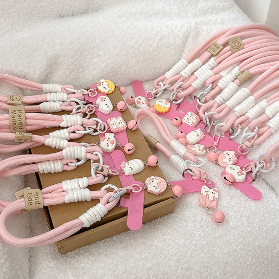 Cartoon Cute Pink KT Cat Bell Pendant Mobile Phone Lanyard Thick Braided Rope Portable Rope Wristband Clip Hanging Buckle