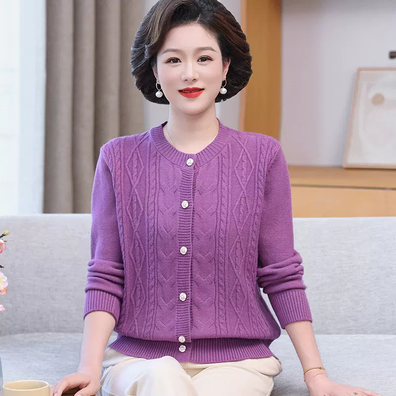 中老年女装春秋外套圆领针织衫毛衣开衫纯色提花妈妈装厚款上衣