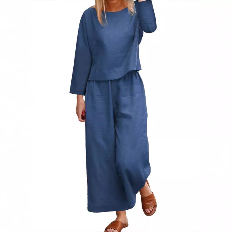 2026 Cross-Border Amazon New Product Casual European and American Plus-Size Set Loose Solid Color Shirt and Pants Two-Piece Set