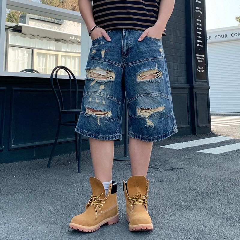 B-Brand Style American High Street Washed Denim Shorts for Men, Hip-Hop Distressed Ripped Straight-Leg Knee-Length Shorts B-Brand Style American High Street Washed Denim Shorts for Men, Hip-Hop Distressed Ripped Straight-Leg Knee-Length Shorts