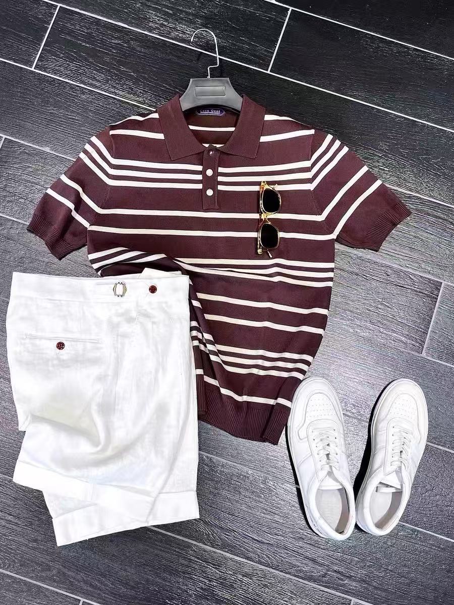 Camiseta de polo a rayas masculina de verano suelta japonesa con solapa de manga corta suelta marca de moda retro camiseta de negocios de media manga