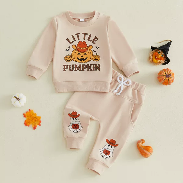 Ebay Cross-Border Spring and Autumn Halloween Boys' Cartoon Pumpkin Print Long-Sleeve Sweatshirt + Pants Two-Piece Sports Set