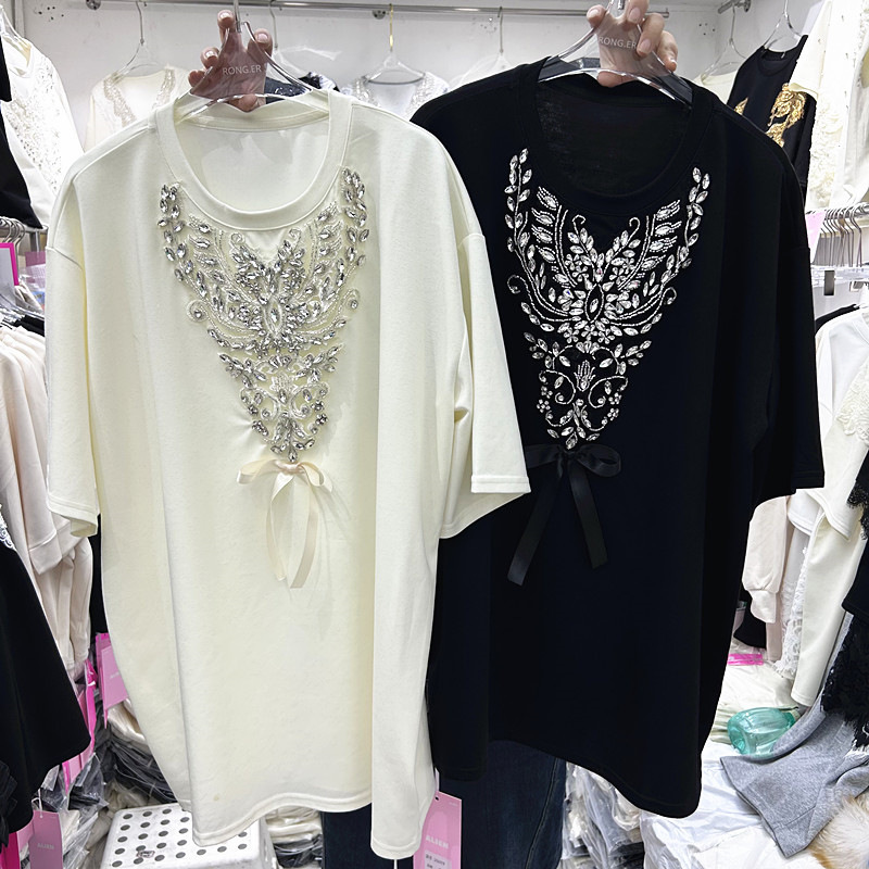 European and American Style Heavy-Duty Rhinestone Design Loose Short-Sleeve T-Shirt for Women, Summer Round Neck Fashion Versatile Trendy Top