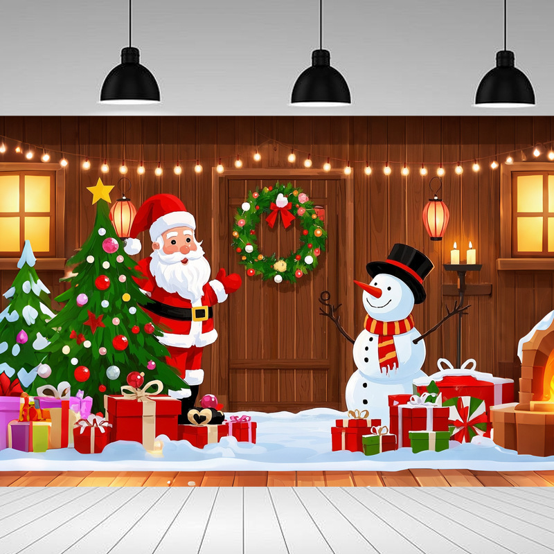 Nueva tela de fondo de Navidad 2025 La cortina de fondo de muñeco de nieve de madera marrón se utiliza para decorar pancartas navideñas navideñas