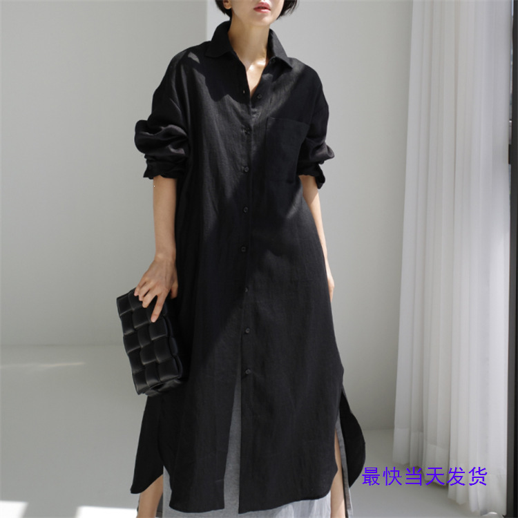 Korean Chic Shirt Dress, Over-The-Knee Long Style with Slit, Bf Cotton-Linen Shirt Dress with Pockets on Both Sides Korean Chic Shirt Dress, Over-The-Knee Long Style with Slit, Bf Cotton-Linen Shirt Dress with Pockets on Both Sides