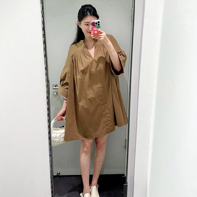 Loose Fit Pleated Blouse Dress Cream Color 2025 Summer New Women's Simple Wear Long Skirt