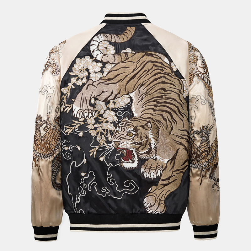 Divine Beast Double Dragon Tiger Silk Card Heavy Embroidery Jacket Baseball Uniform Satin Yokohama Trendy Brand