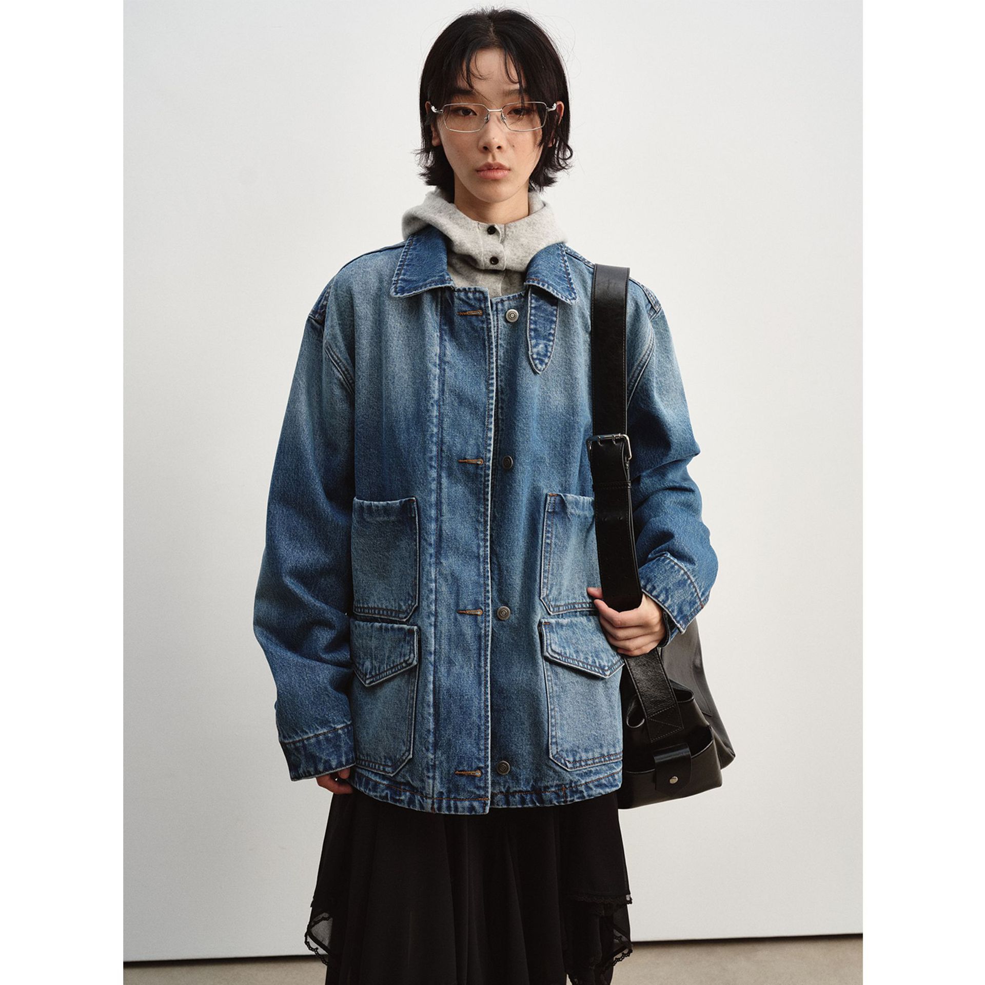 [Time] New Product Asutefawo Washed Color and Texture Denim Long-Sleeved Lapel Jacket for Women V9637