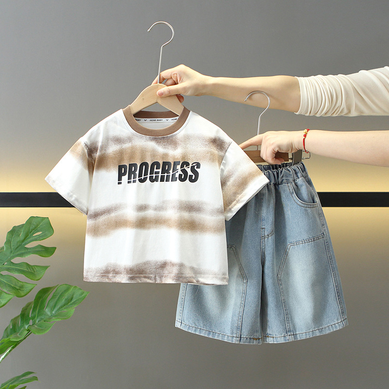 7915 traje de jeans de verano para niños 2025 nueva ropa de moda para bebés ropa para niños de dos piezas de verano