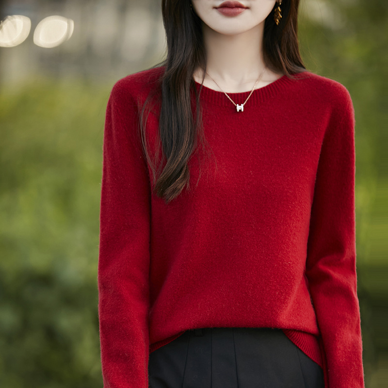 First-Line Ready-To-Wear Base Shirt Red Sweater for Women Autumn and Winter Plus Size Women's Top Round Neck Knitted Base Shirt for Women