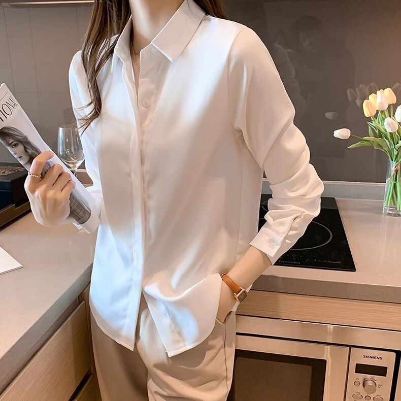 Versatile French-Style Professional Formal White Shirt for Women, 2026 New Spring and Autumn Chiffon Black Long-Sleeve Commuting Plus-Size Top