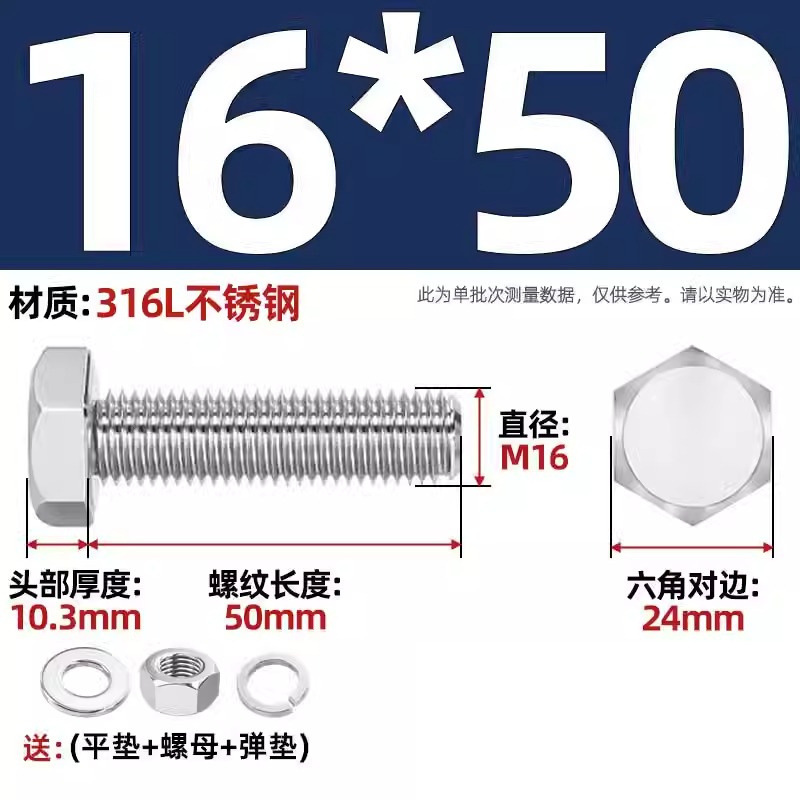 316L acero inoxidable perno hexagonal macho conjunto de tuerca de tornillo conjunto de cojín elástico plano completo M6M8M10M12-M20 image 180