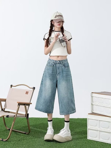 Women's Summer American Retro Streetwear Hipster Pants High Street Fashion Loose Wide Leg Seven-Eighth Pants