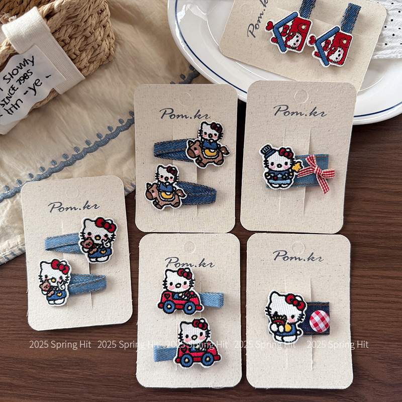 かわいい漫画の動物子供用ヘアクリップ KT 猫デニム前髪サイドクリップ刺繍女の子ヘアピンヘアアクセサリー|undefined