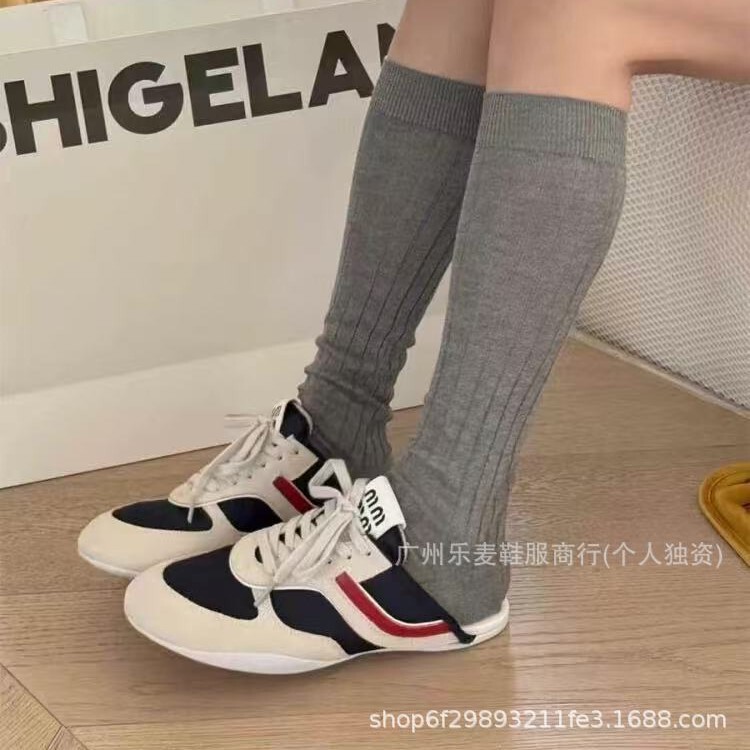 高品质~miu家拼色德训半拖鞋休闲百搭真皮网面圆头系带阿甘运动鞋|undefined