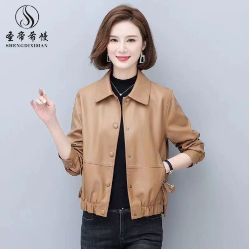 Haining Leather Women's Jacket 2023 Spring and Autumn New Loose Large Size Short Leather Jacket Slim Washed Pu Leather Jacket