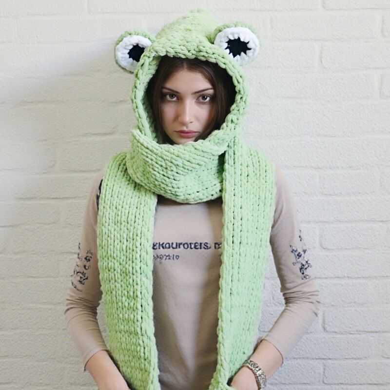 Chunky Yarn Handmade Knitted Hat for Women, Winter Frog Hooded Scarf with Pocket, Warm Hat, European and American Style, Ugly-Cute, Cross-Border Hot Item