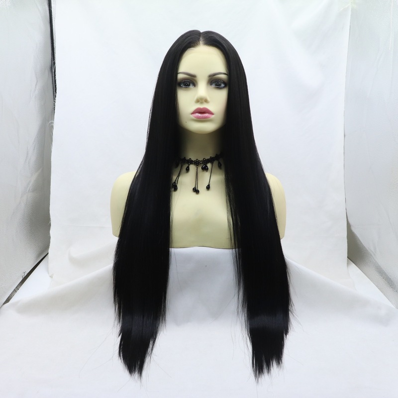 Hand-Tied Lace Front 13*6 Japanese Silk European and American Wig for Women, Black Middle Part Long Straight Hair, Synthetic Fiber Full Wig