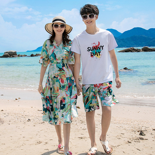 Beach Couple Summer Wear  Dress Suit Seaside Casual Vacation Couple Wear Parent-child Family of Four