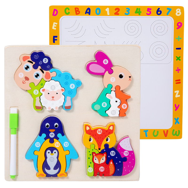 Animal de doble cara padre-hijo puzzle tridimensional niños madera puzzle infantil educación temprana cognitiva infantil dibujos animados juguetes de desarrollo intelectual