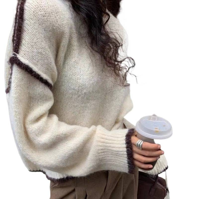 美式小众撞色不规则毛衣女2025冬季宽松慵懒风加厚圆领针织衫上衣|undefined