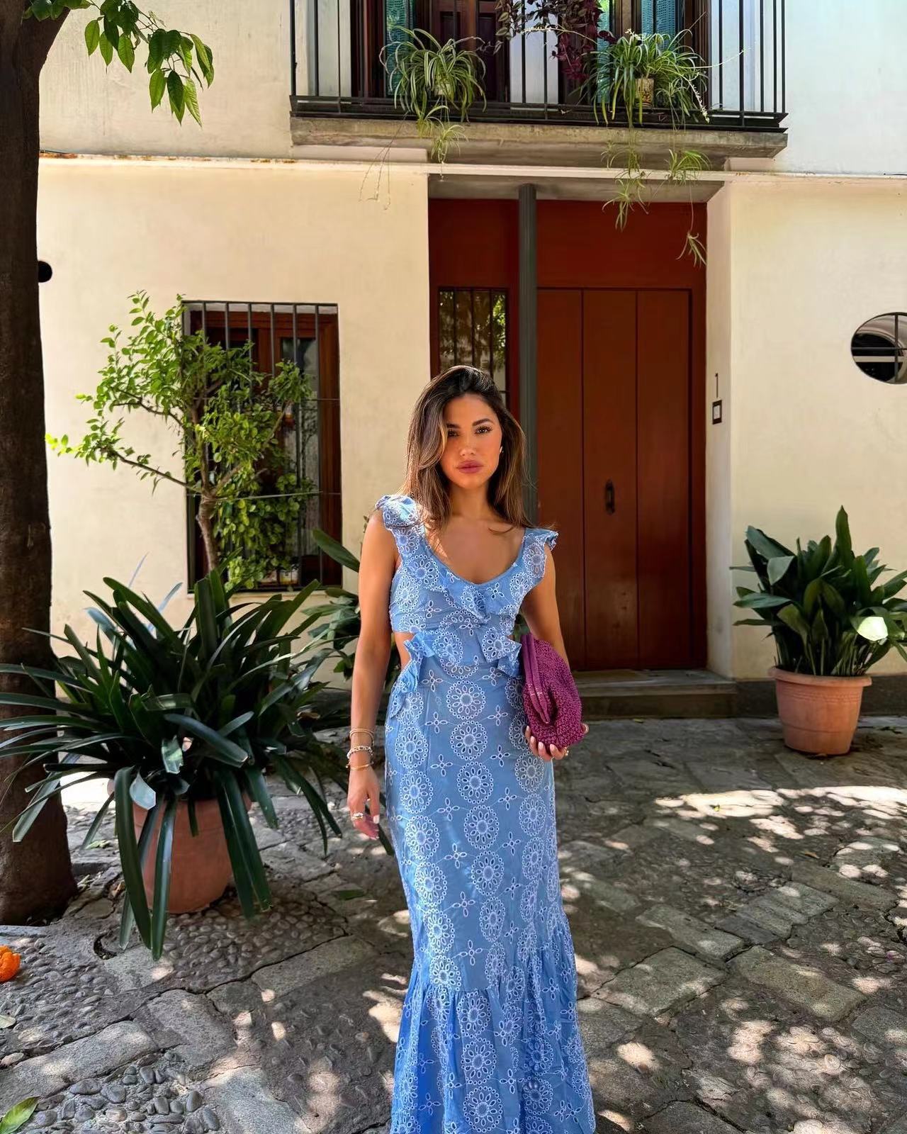 206g Weight Maxi Long Dress Dress Length Type Sleeveless Sleeve Length Sheath Dress Dresses Type Polyester Fabric Type High Waist Waist Line Holiday, Travel Occasion V Neck Neckline Slim Fit Type Lace Pattern Summer Season Women's Gender Printing Design Casual, Elegant Style Wholesale Women's Casual Elegant Printing Lace Holiday Travel V Neck Sleeveless Sheath Dress 2