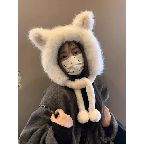 Cute fox ear fuzzy hat for girls, suitable for autumn and winter, warm, Korean style ear protection hat, makes face look smaller, trendy