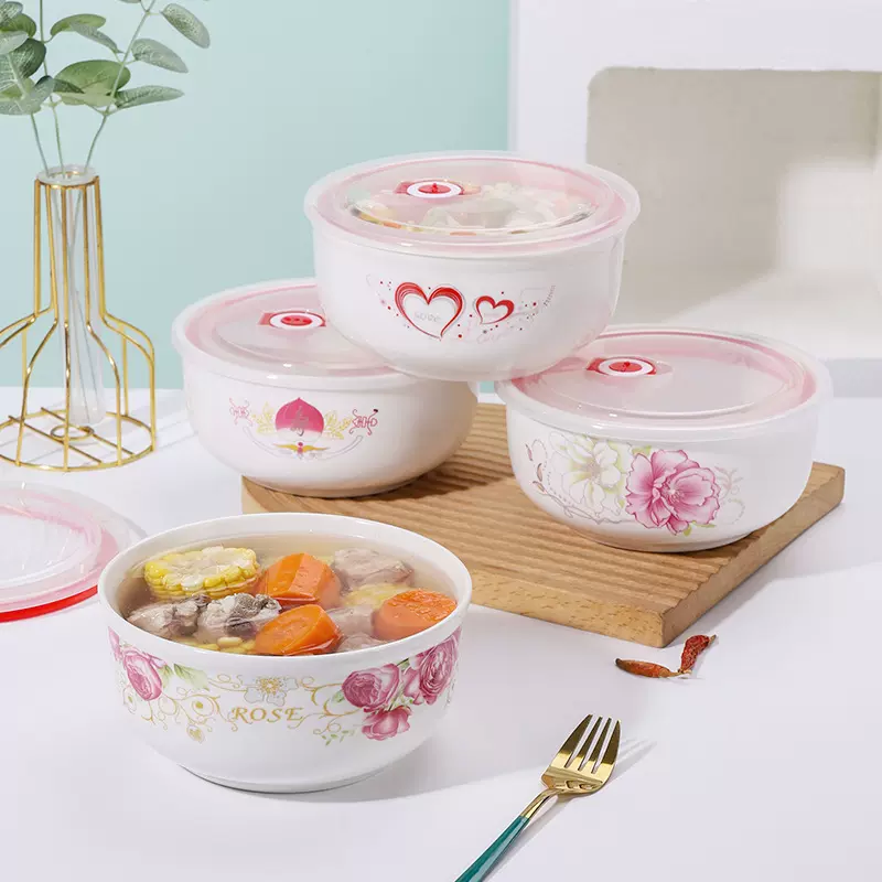 陶瓷保鲜碗学生泡面碗微波炉饭盒带盖冰箱密封盒水果盒大号批发