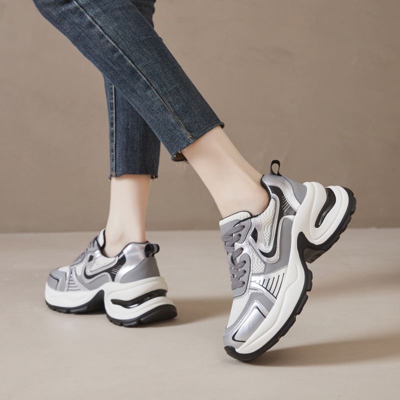 Zhao Yue Luo Xinghe Thick-Soled Silver Lu Si 2025 New Model Women's Dad Genuine Leather Height-Increasing Casual Sports_vogvips.com