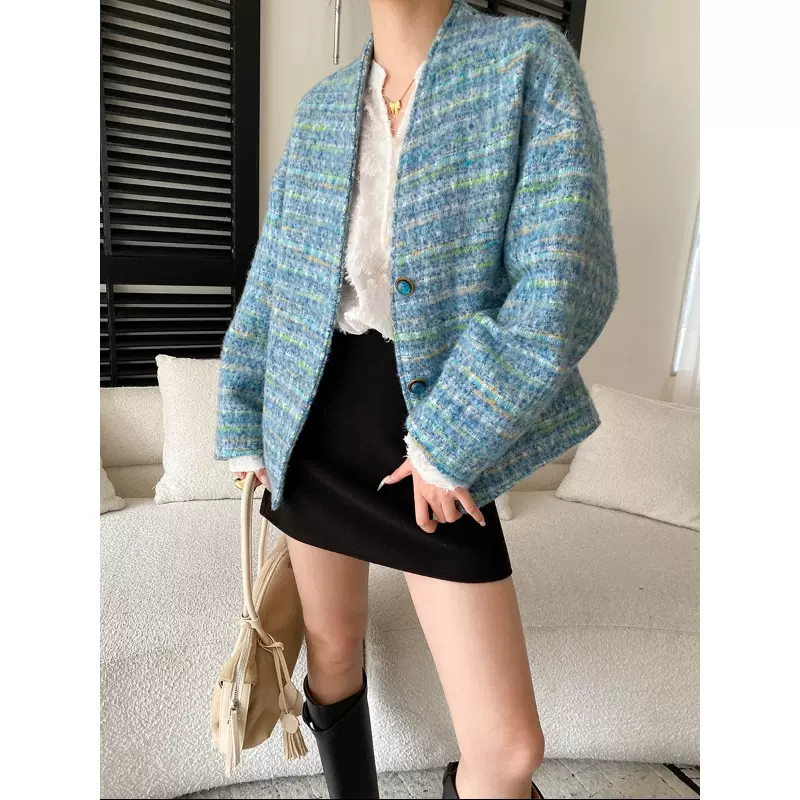 司南 早春新款 法式高级感V领廓形羊毛粗花呢小香风外套 SN8540