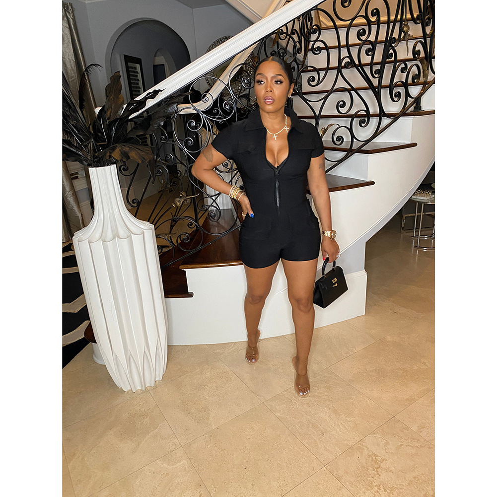 summer new zipper pocket solid color workwear jumpsuit_voghion.com