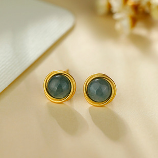 S925. Silver gold-plated inlaid natural jade A goods blue water wave car flower egg surface simple daily versatile female earrings