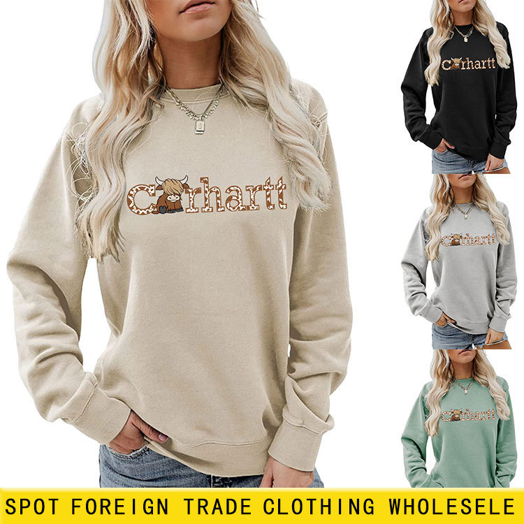 Amazon new CRHARTT cow pattern printed round neck sweater eBay European and American casual women's long sleeve in stock Amazon new CRHARTT cow pattern printed round neck sweater eBay European and American casual women's long sleeve in stock