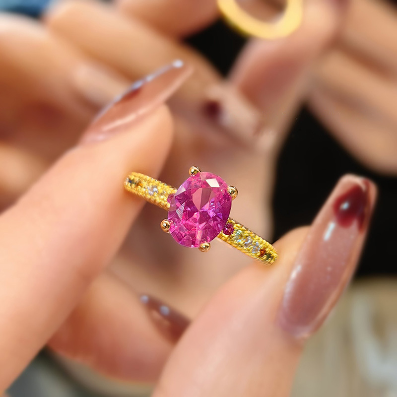 Hot Pink's Midsummer Sexy Rose Red Diamond Ring Vintage French Mid-Century Style Red Corundum Index Finger Women's Ring