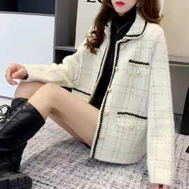 复古镶边珍珠扣针织开衫仿水貂绒外套女春装2023年新款女百搭外穿