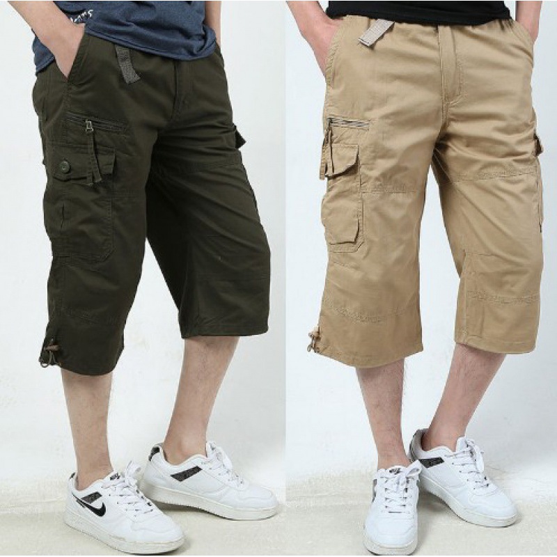 Men's cropped pants summer multi-pocket cropped pants men's loose plus size wide leg workwear shorts straight sports shorts