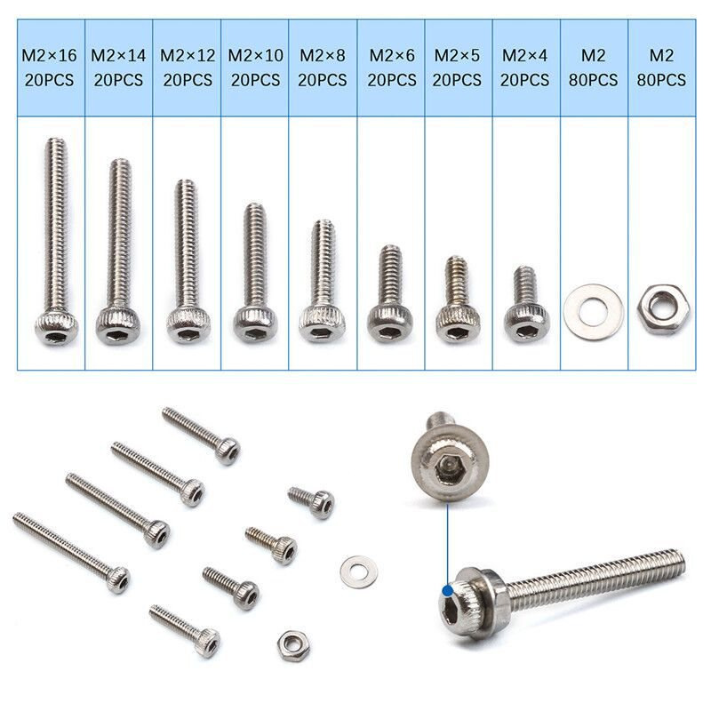 320Pcs/M2内六角摆钉304不锈钢内六角头摆栓平垫圈组合件及塑料盒