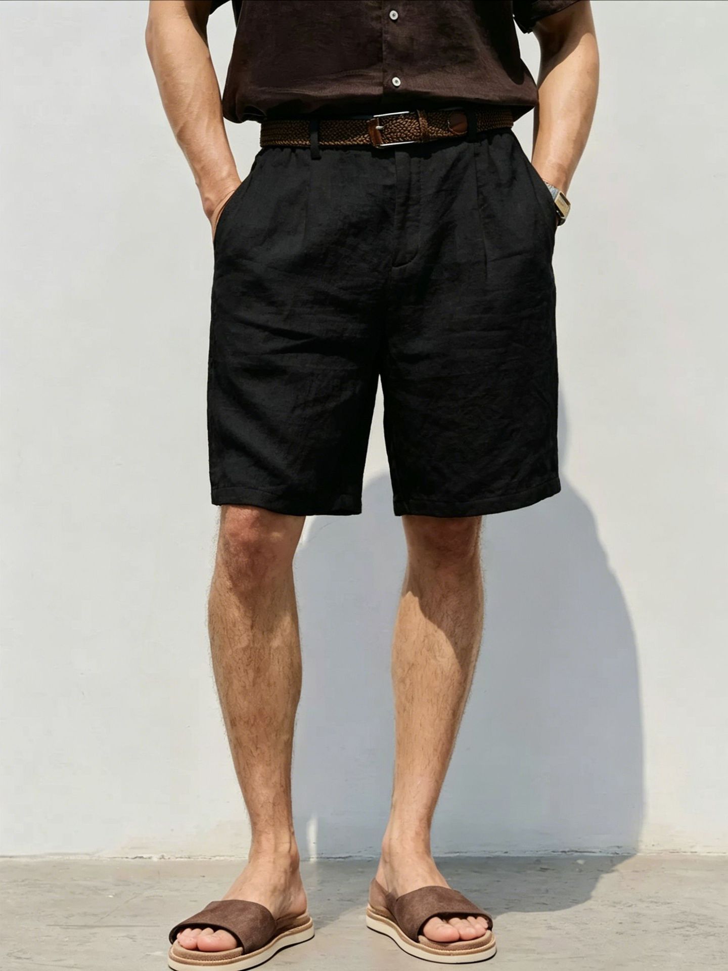 Shorts en lin pour homme respirant coupe ample style décontracté_voghion.com