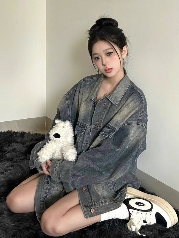 美式复古做旧磨破牛仔外套男女春秋新款潮牌宽松休闲夹克长上衣潮|undefined