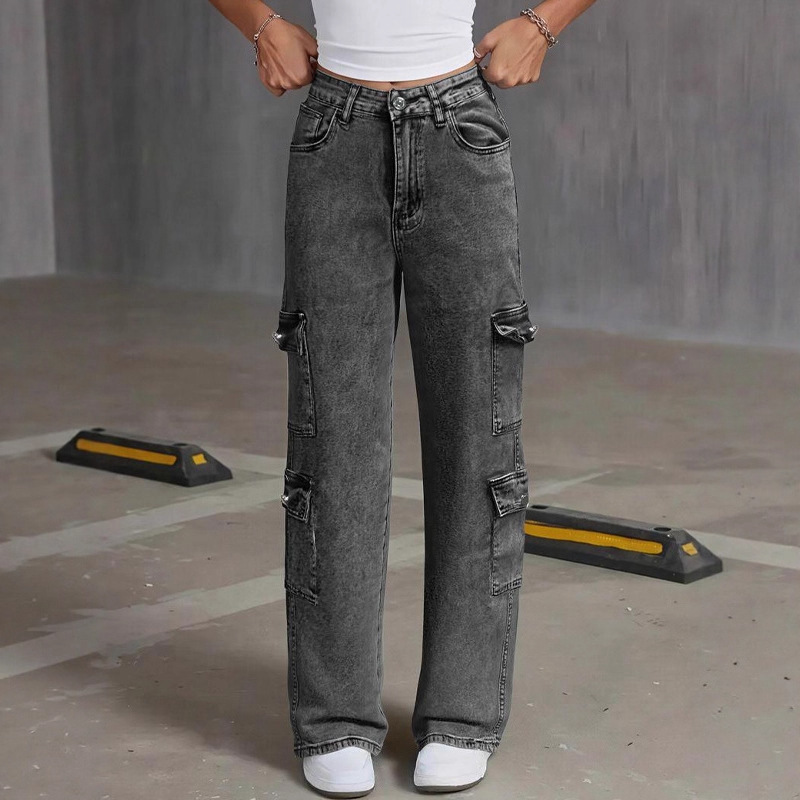 Cross-Border European and American Fashion Mid-Waist Skinny Jeans for Women with Button Front, Multiple Pockets, Black Denim, Slightly Flared Style