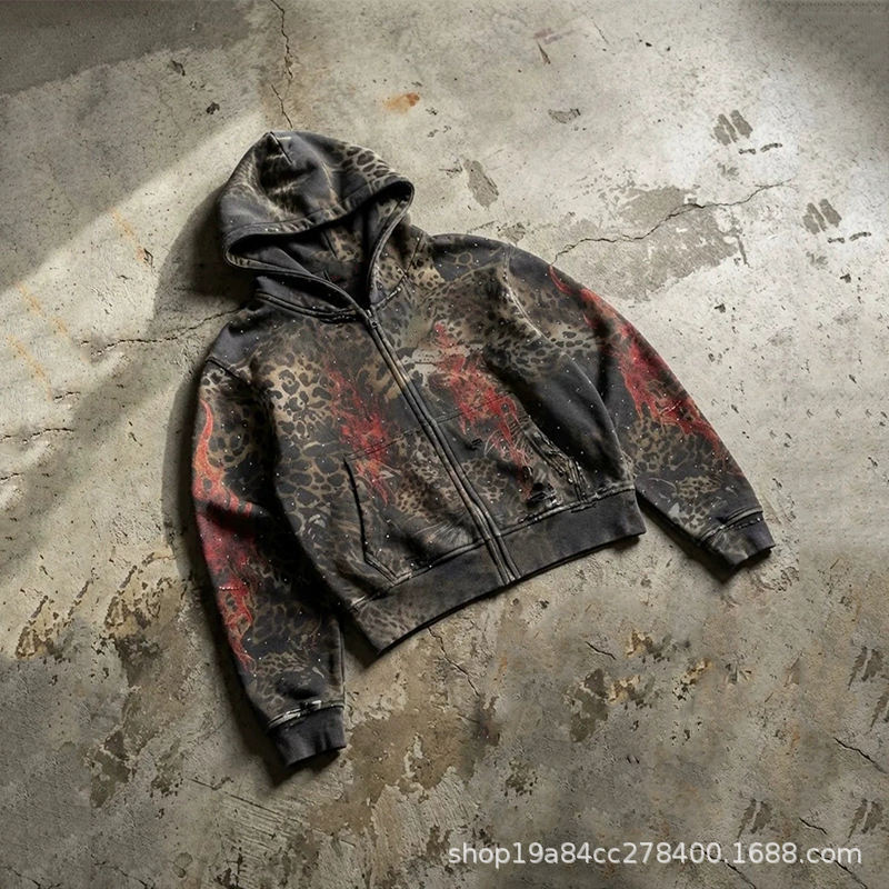 OEM logo leopard print red flame splatter wash distressed oversized zip-up cropped sweatshirt OEM logo leopard print red flame splatter wash distressed oversized zip-up cropped sweatshirt