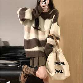 日系条纹圆领套头毛衣打底衫女宽松慵懒风温柔软糯针织衫休闲上衣