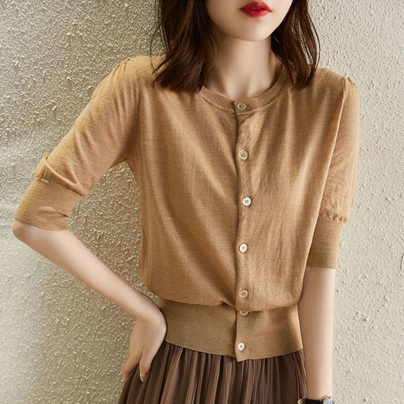 French Half Sleeve Knitted Cardigan Short Sleeve Spring and Autumn New Puff Sleeve Summer Thin Chanel Style Round Neck Top for Women