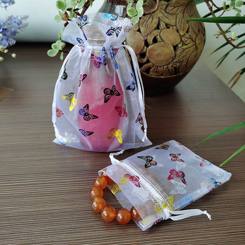 厂家彩金印蝴蝶图案 欧根纱束口纱袋 首饰礼品包装  纱袋定制