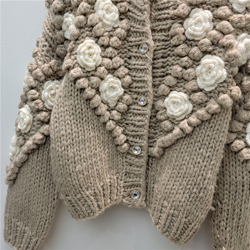 Aguja de barra pesada línea gruesa hecha a mano marca flor estereoscópica flor bola de punto cardigans abrigo suéter grueso image 4