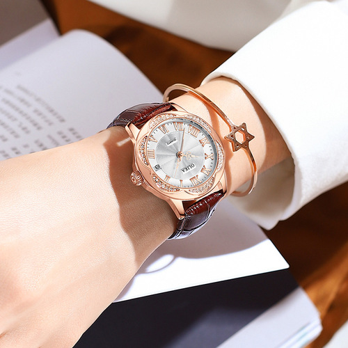 Women's watch fully automatic mechanical watch casual fashion hollow mechanical watch genuine leather waterproof diamond watch for women