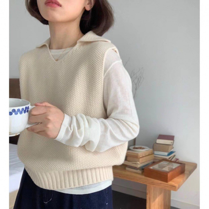 24 invierno Puyuan color sólido pequeña solapa de cuello en V chaleco de punto de invierno de otoño nuevo estilo delgado image 1