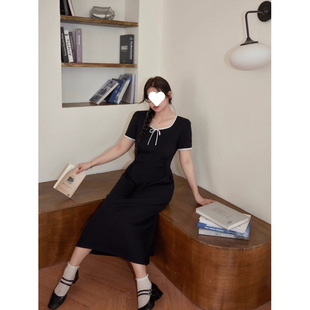 French Summer Contrast Square Collar dress Chubby Girls plus size Sweet New Arrival Bow Design Tight Waist Small Black Dress