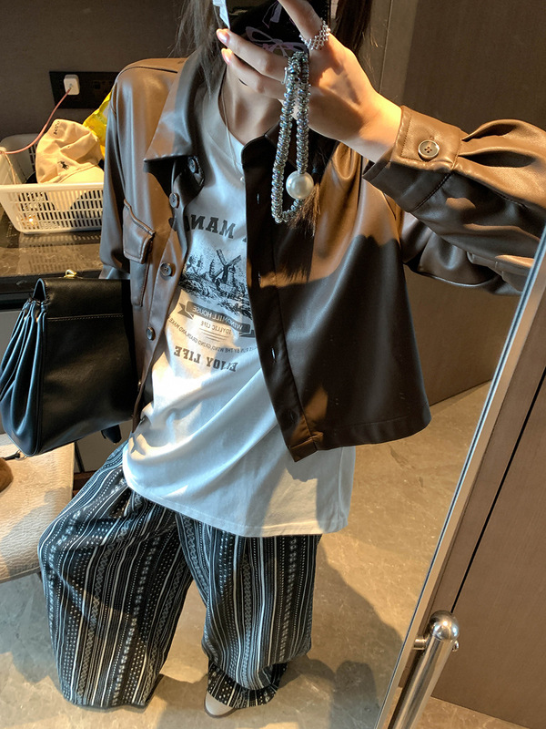 摩且 早秋新款 复古哑光PU皮单口袋翻领宽松短款皮衣外套 MQ0660|undefined